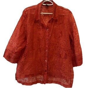 ELCC Plus Size 1X Orange Boho Burnout Sheet Lace Button-Down Blouse 3/4 Sleeves